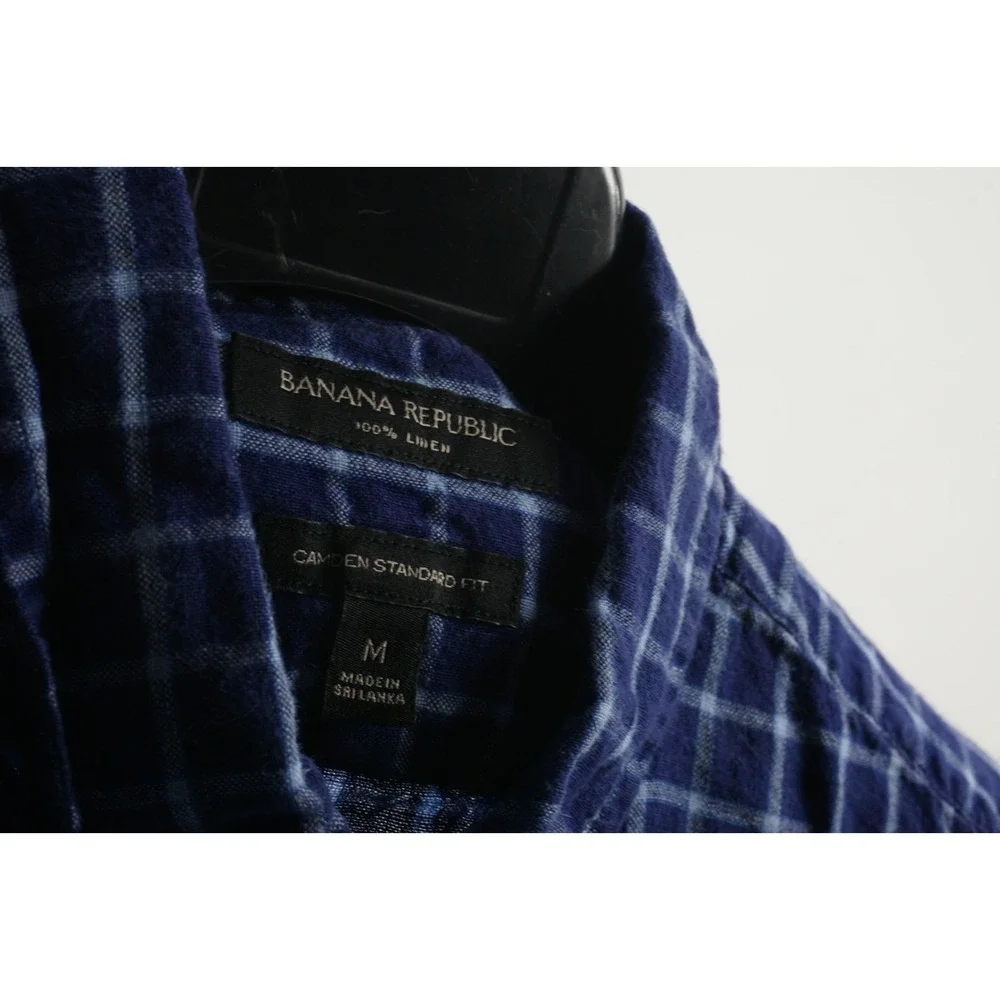 Banana Republic Camden 100% Linen Men's Medium Blue‎ Check Button Down Shirt